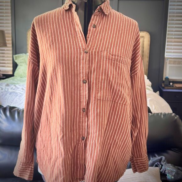 Calia Linen Blend Oversized Button-Up Shirt Brown White Stripe Long Sleeve M - Picture 2 of 10